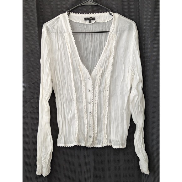 LE CAVIAR! PETIT-CROCHET CRINKLED CREAM "DIAMOND" BUTTON BLOUSE, TOP! SZ XL - Picture 2 of 7